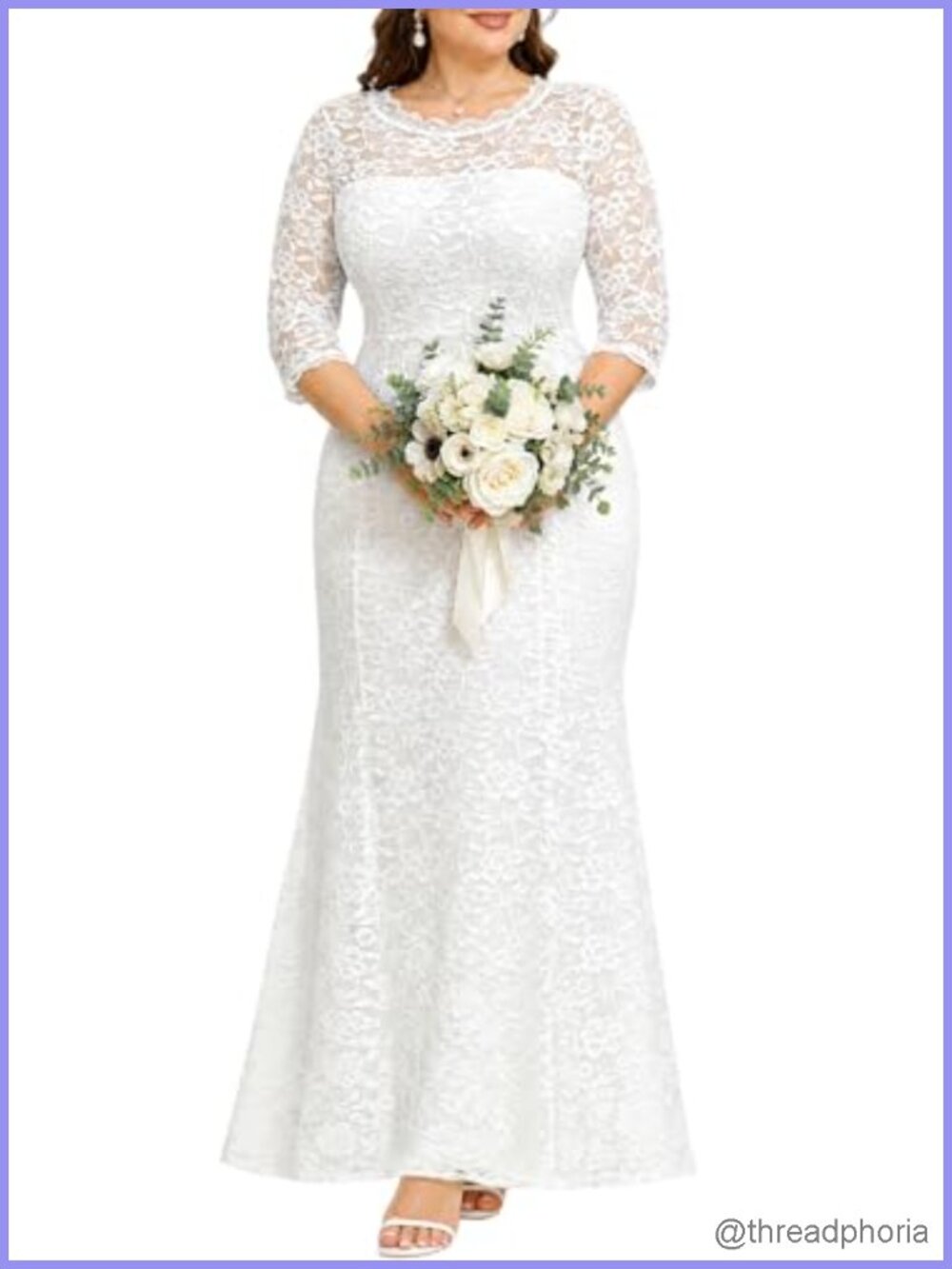 Plus Size Lace Mermaid Wedding Dress Formal Evening Gown 3/4 Sleeve